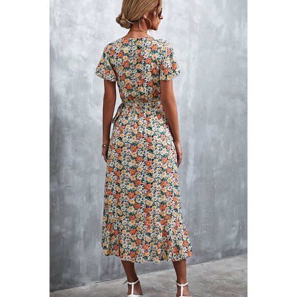 Beach Boho Maui - Floral Surplice Neck Tied Midi Dress - Orange Floral - Picture 2 of 4